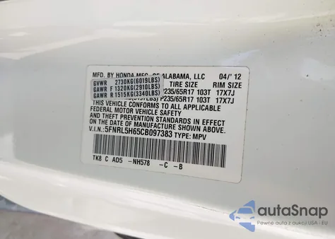 2012 Honda Odyssey Ex-L from USA, damaged, VIN 5FNRL5H65CB097383
